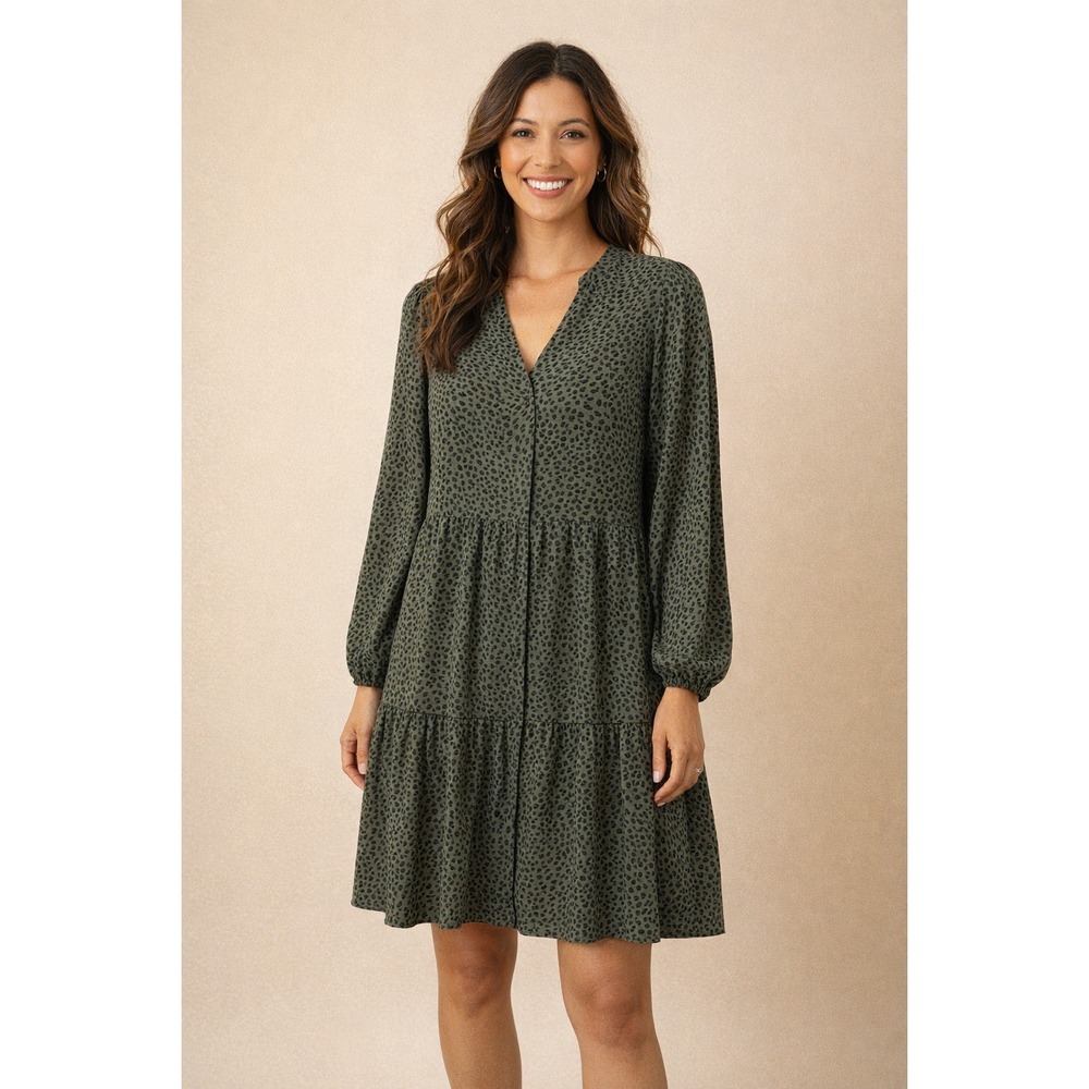 NWOT Nine West Women's L Green Black Leopard Print Tiered V‑Neck Dress